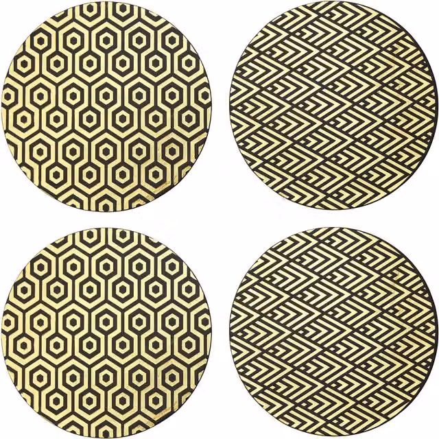 Maison by Premier Set of 4 Round Art Deco Faux Leather Placemats in Black and Gold