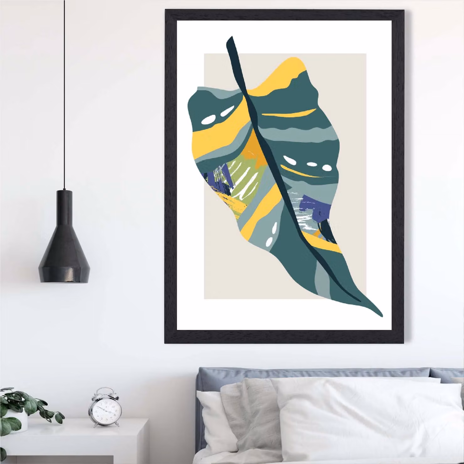 ARTZE Mid Century Modern Tropical Palm Botanical Framed Print, Teal, Green and Purple, W: 21.0 cm, H: 29.7 cm – 2