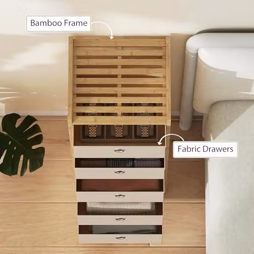 HOMCOM Chest of Drawers with Bamboo Frame and 5 Fabric Drawers in White – 4