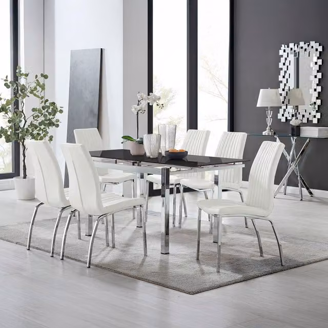 Furniturebox Enna Black Glass Extending Rectangular Dining Table and 6 White Isco Chairs