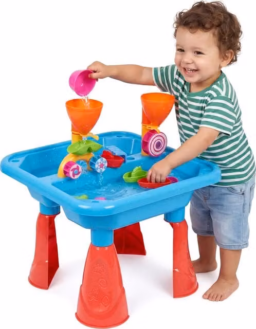The Magic Toy Shop Blue and Multicolour Sand and Water Play Table with Sandbox, 23 Piece Set