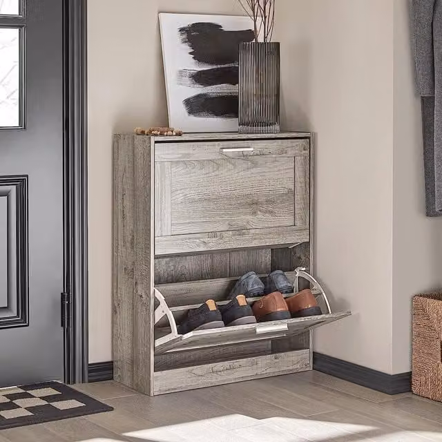 SoBuy Modern Slim Grey Shoe Cabinet with Two Tilting Compartments and Open Shelf
