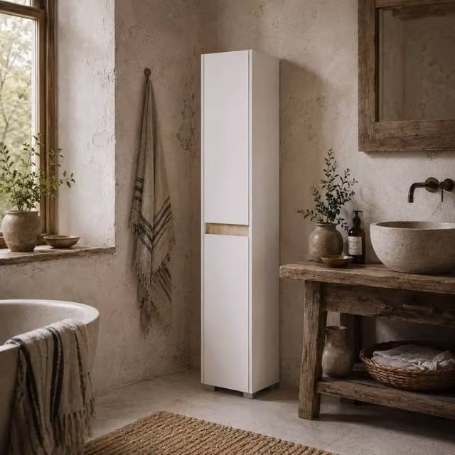 Wyld Haus Moka Tall Freestanding Bathroom Cabinet with 5 Adjustable Shelves and Hinged Doors in White