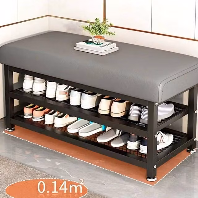 KORVIXA Grey Synthetic Leather Shoe Bench and Storage Rack – 1