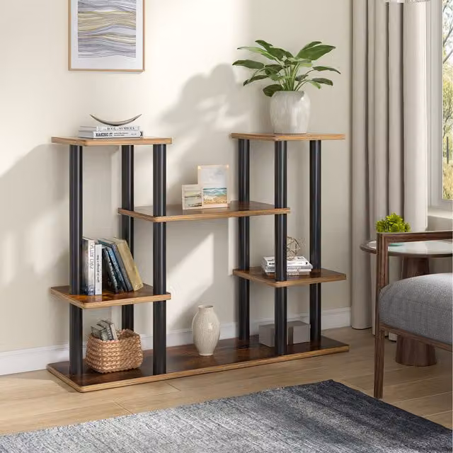 Livingandhome 6-tier Industrial Plant Stand and Flower Display Shelf in Brown and Black Metal and Wood