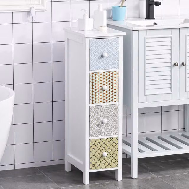 HOMCOM Slim 4 Drawer Bathroom and Bedroom Storage Cabinet in White and Multicolour