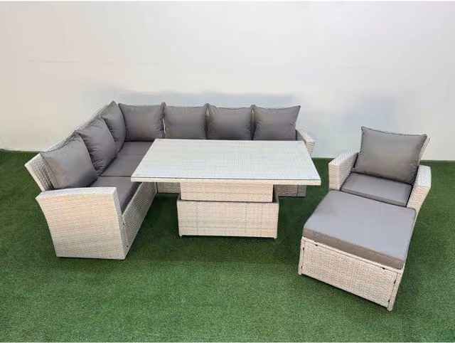 Fimous 8-Seat Rattan Outdoor Corner Sofa Set with Lift Tempered-Glass Table in Grey