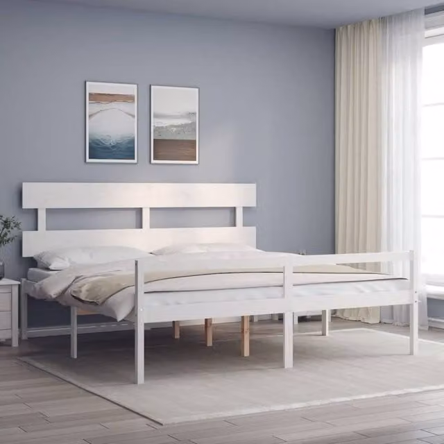 Berkfield Home Solid Wood Pine Bed Frame with Headboard in White, 200 x 200 cm – 1