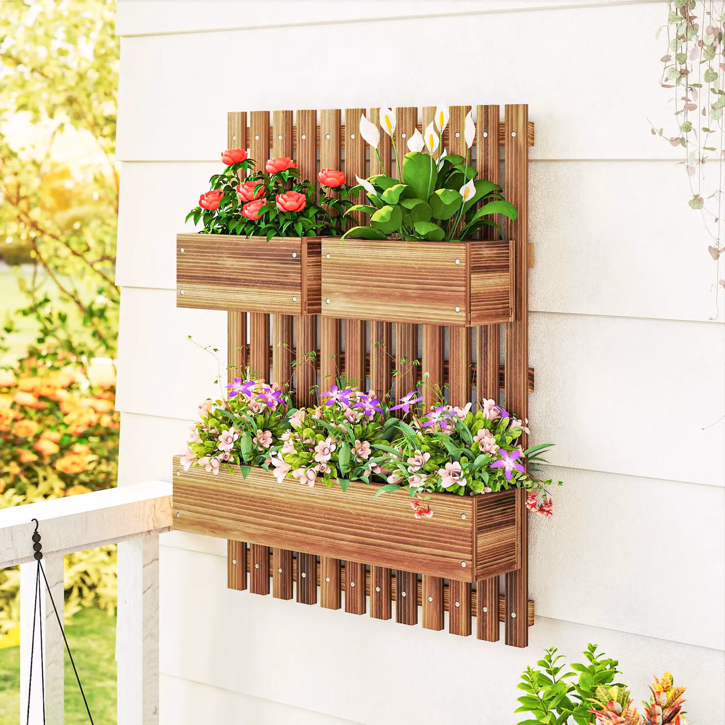 Outsunny Wooden Garden Planters with Trellis Wall-mounted Raised Garden Bed in Brown, W/D/H: 80 x 60 x 16 cm – 2