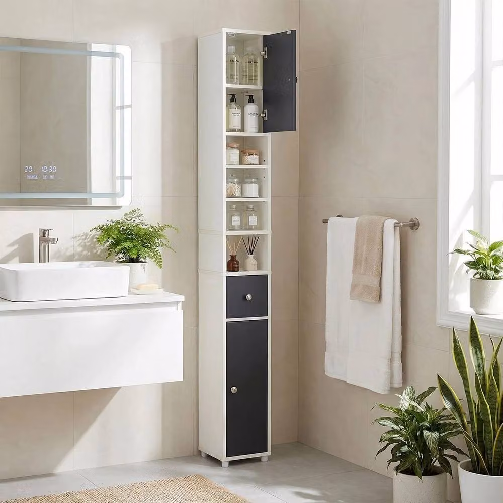FORGEVIO Slim Tall Bathroom Storage Cabinet with Drawer and Open Shelf in White, Grey or Silver – 4