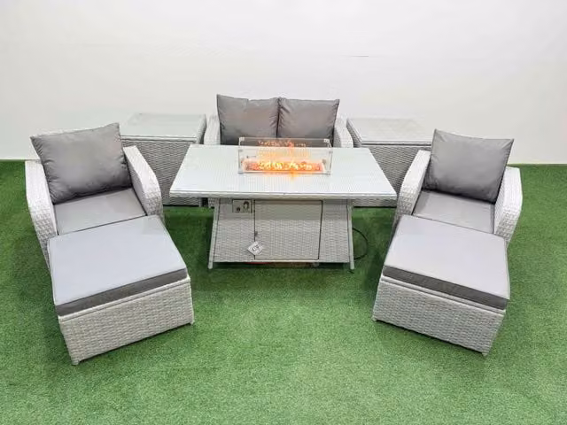 Fimous Light Grey PE Wicker Rattan Garden Furniture Set with Sofa, Reclining Chairs, Firepit Dining Table, 2 Big Stools and 2 Side Tables