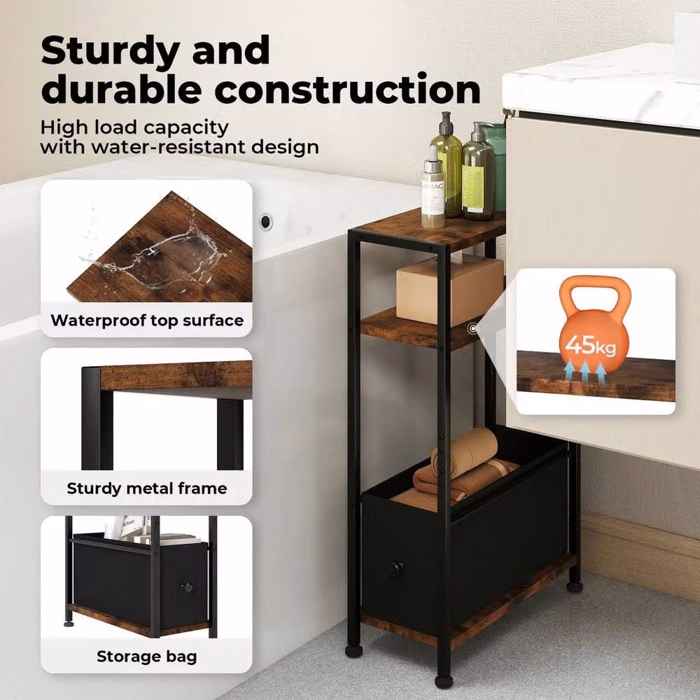 Kelvenix 3 Tier Wooden Oxford Side End Table with Storage Baskets in Brown, W/D/H: 100 x 100 x 66 cm – 5