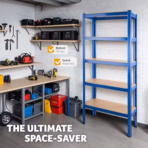 tectake Heavy-Duty 5-Tier Garage Shelving Unit with MDF Shelves, Blue, W: 172.0 cm, D: 75.5 cm, H: 30.5 cm – 5