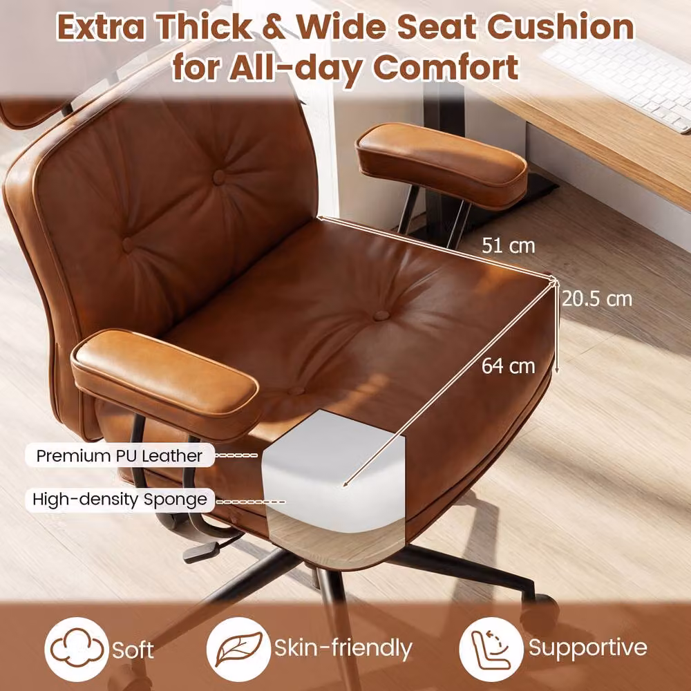 Gymax Brown Synthetic Leather Upholstered Office Chair with Tufted Seat, Headrest and Swivel Castors – 5