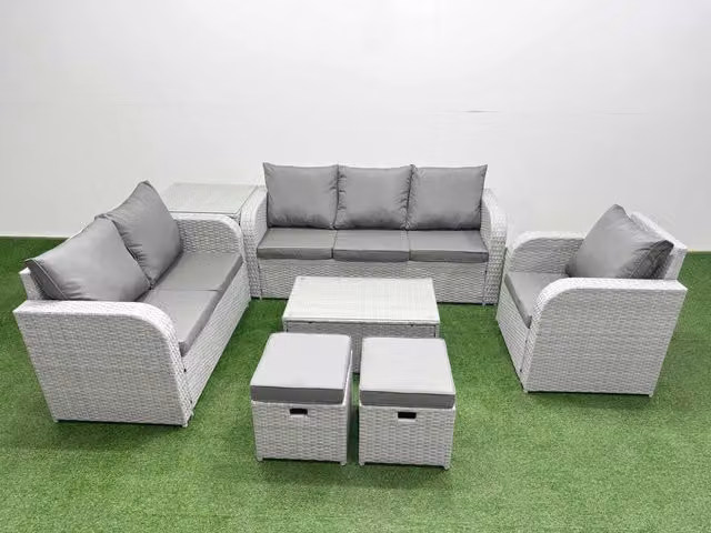 Fimous Patio 8 Seater Grey Rattan Outdoor Furniture Set with Coffee Table, 3 Seater Sofa, Loveseat, Reclining Chairs and Ottoman