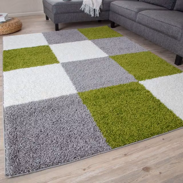 THE RUGS Soft Check High Pile Shaggy Square Rug in Green, W x W: 120 x 120 cm