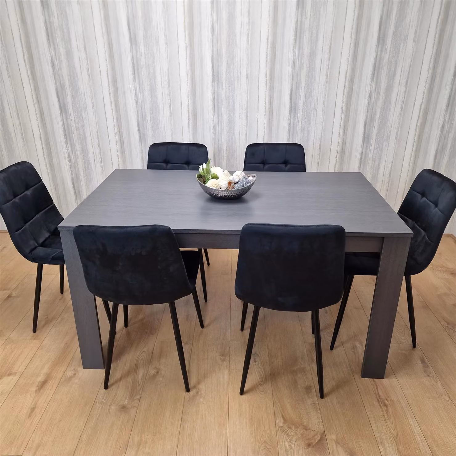 KOSY KOALA Modern Rectangular Dining Set with 6 Black Velvet Chairs in Brown – 4