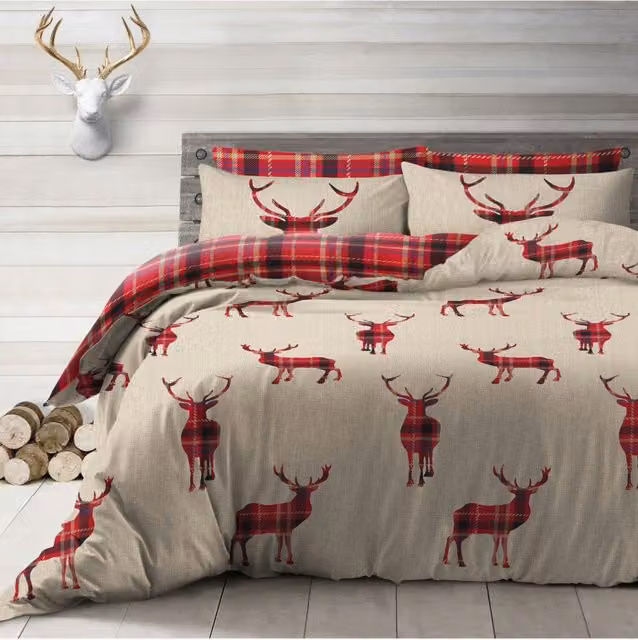 Velosso Stag Reversible Cotton Rich Printed Duvet Cover and Pillowcase Set in Beige, W/D/H: 135 x 200 cm and 50 x 75 cm