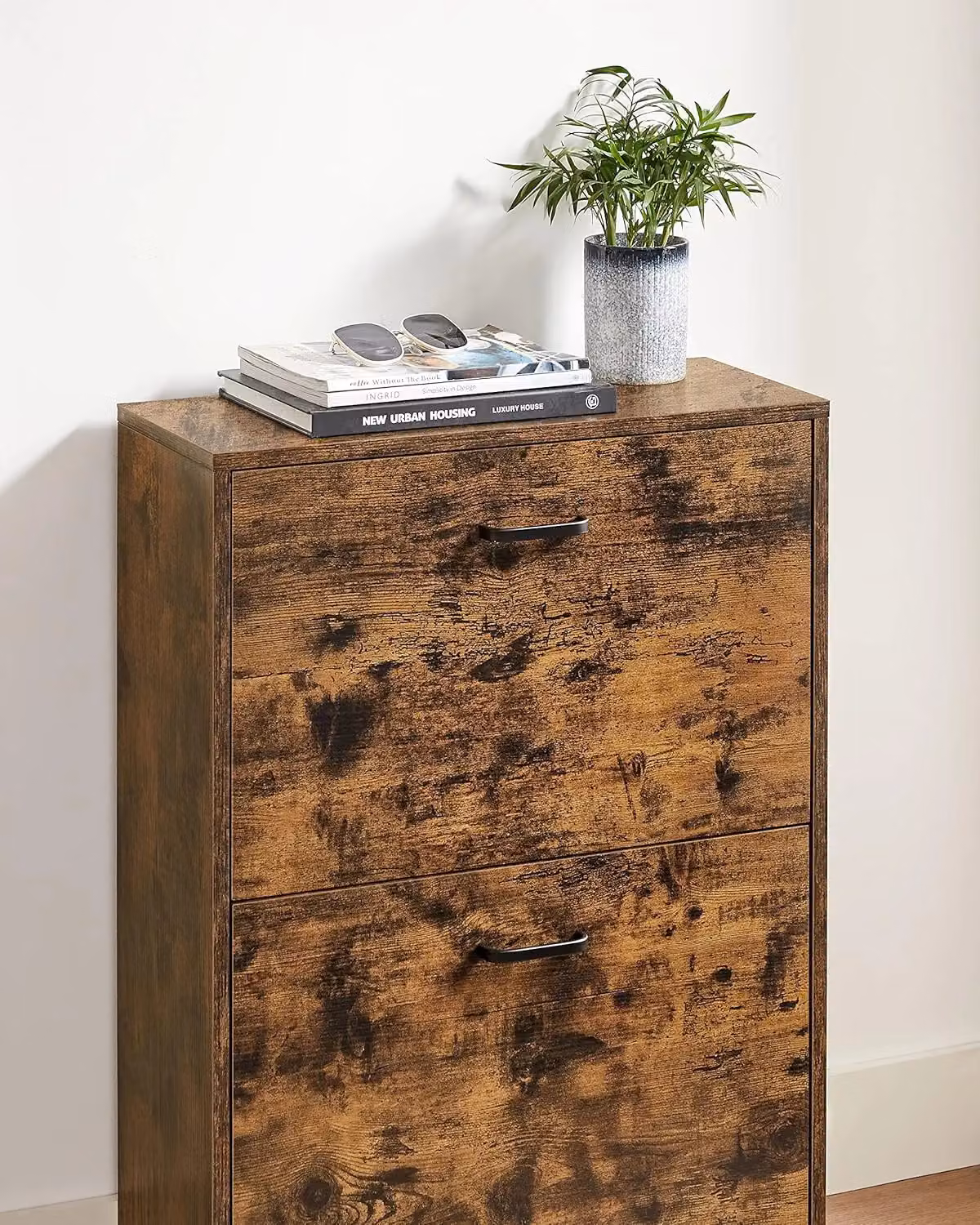 VASAGLE Industrial Slim Shoe Cabinet in Brown with Tilting Compartments and Internal Shelves – 3