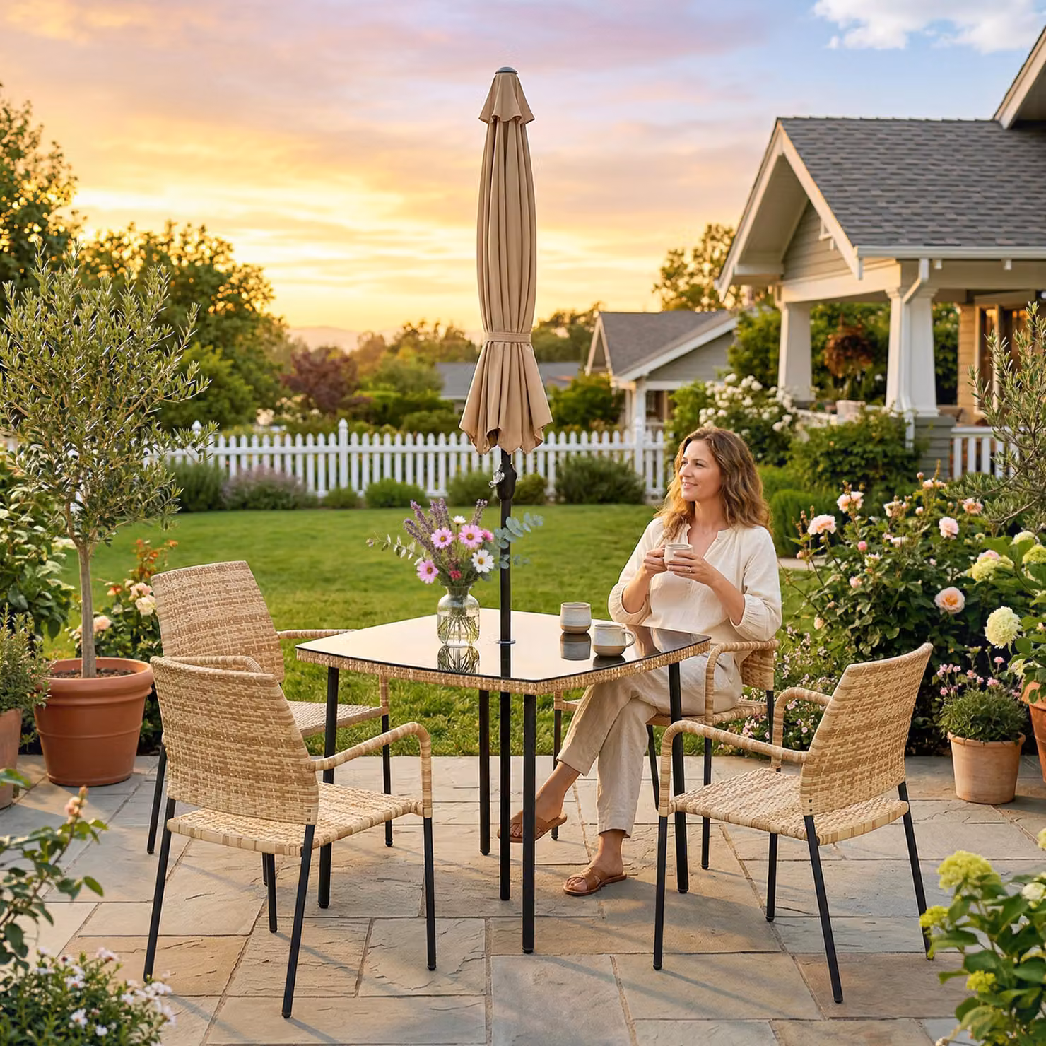 Outsunny 6 Piece Rattan Garden Dining Set in Beige with Parasol and Tempered Glass Tabletop – 6