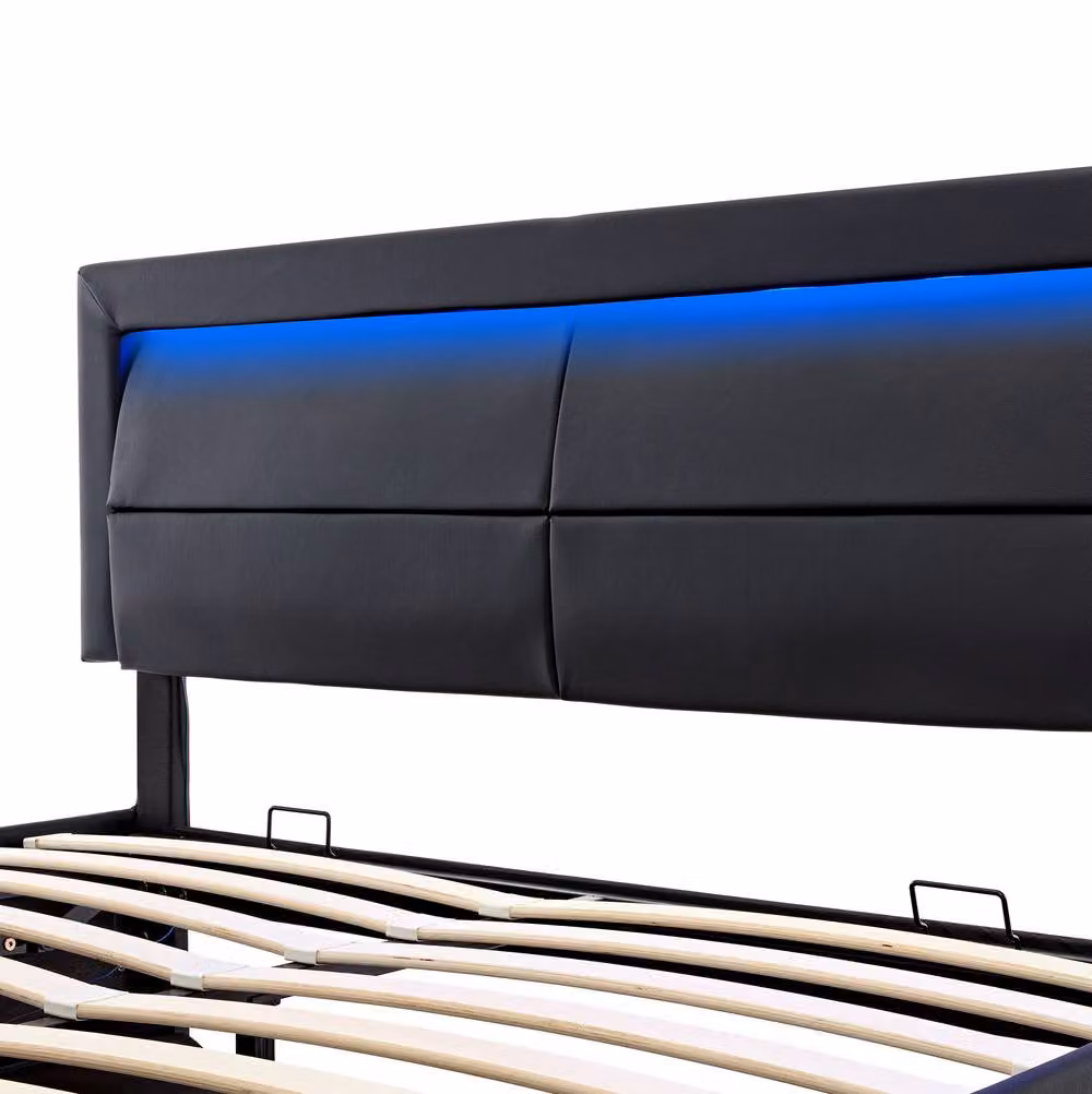 STILVORA King Size Upholstered Bed in Black with USB Charging Ports, LED Lighting and Storage, W: 180 cm, D: 200 cm – 5