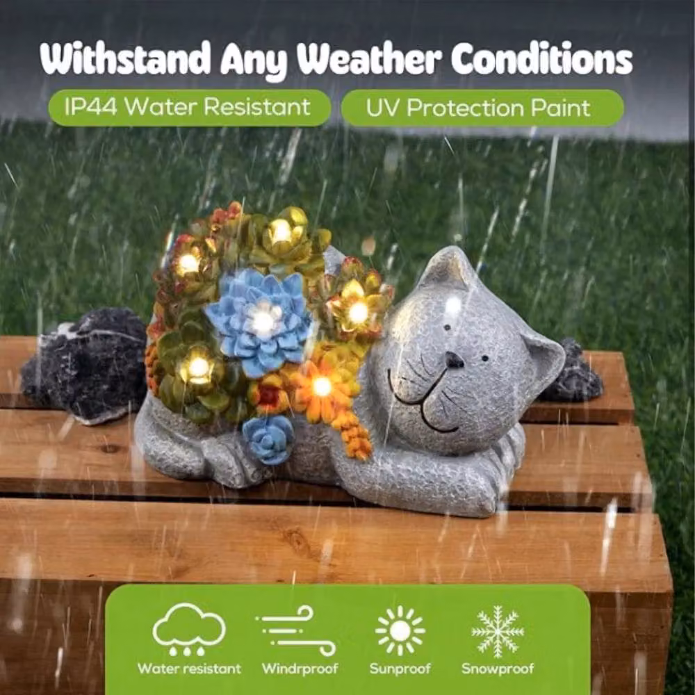 EONLION Multicolour Resin Garden Cat Stone Statue with LED Lights – 2