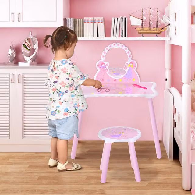 HOMCOM Pink Kids Dressing Table for Children's Rooms