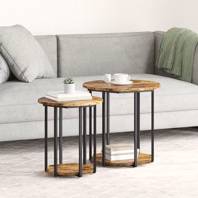 Berkfield Home Set of 2 Round Nested Side Tables in Smoked Oak and Metal, Brown