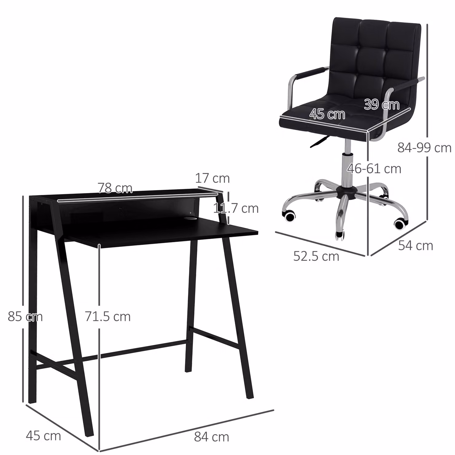 HOMCOM Black Faux Leather Office Chair and Study Desk Set with Storage Shelf – 3