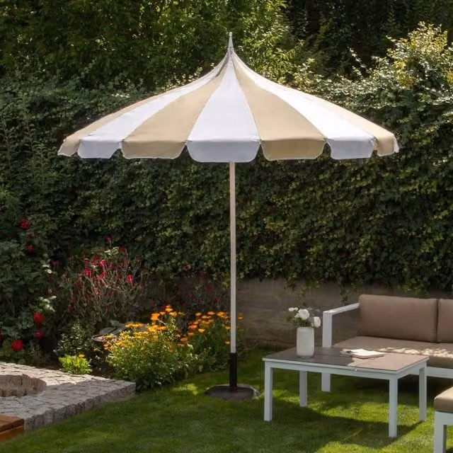 Wyld and Coco Garden Market Parasol with Beige and White Polyester Canopy and Aluminium Frame, Diameter: 245 cm