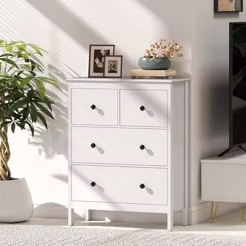HOMCOM Modern 4 Drawer Chest of Drawers for Bedroom or Hallway, White, W: 74 cm, D: 35 cm, H: 97 cm – 4