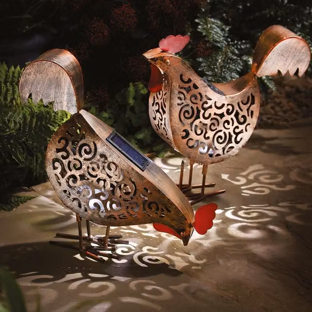 mysmartbuy Set of 2 Solar Powered Bronze Metal Silhouette Hen Outdoor Garden Ornaments with LED Light