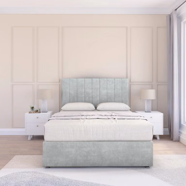 Sloomy Kansas Single Divan Bed Base and Floor Standing Headboard in Silver Velvet Fabric, W/D/H: 90 x 200 cm
