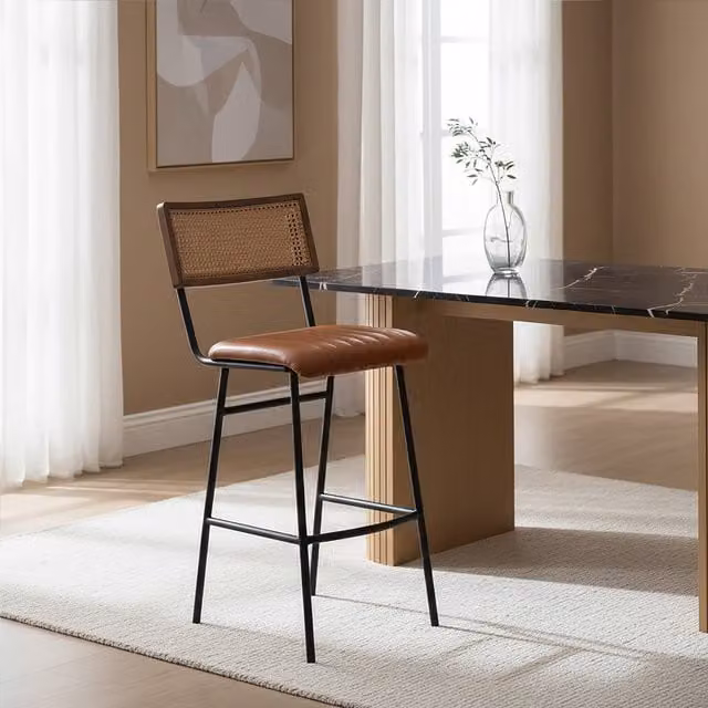 Fifty Five South Orsina Retro Bar Chair with Rattan Webbed Backrest and Brown Leather Padded Seat – 1