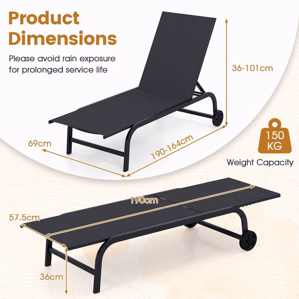 Costway Black 6-Position Reclining Chaise Lounge Chair with Wheels and 180 Degree Full Flat Function – 2