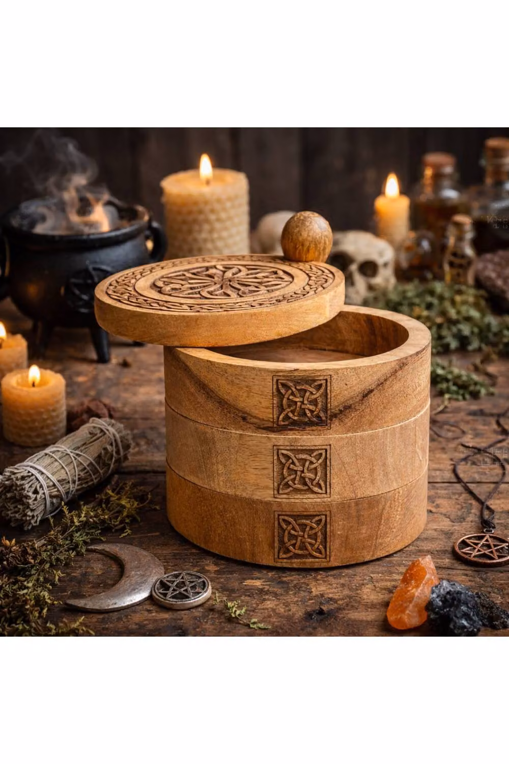 KDMD Celtic Carved 3 Tier Revolving Wood Storage Box with Compartments in Brown – 3