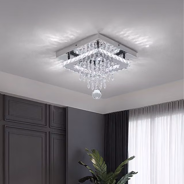 Komore Rectangular Suspended Ceiling Light with Crystal Ring and Stainless Steel Accents in Silver