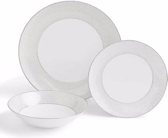Wedgwood Gio Platinum 12 Piece Bone China Dinner Service in White and Silver with Geometric Design