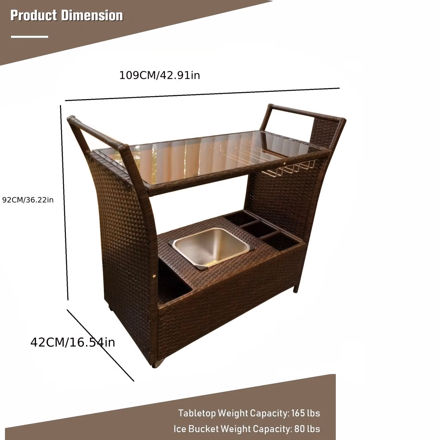 FURNITURE ONE Rattan Serving Trolley Bar Cart with Removable Ice Bucket in Brown – 3