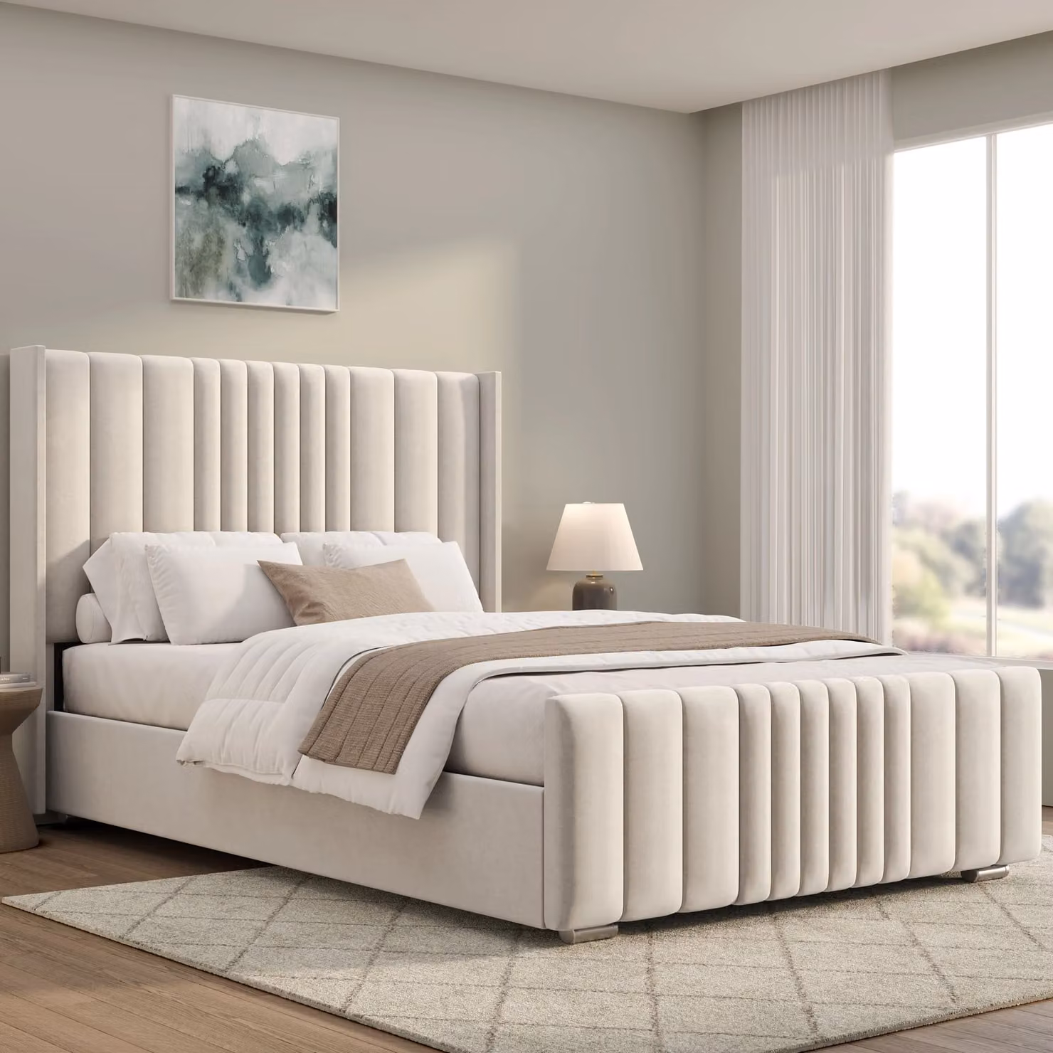 DHS Winged Ottoman Storage Bed Frame with Lines in Beige Velvet Fabric, Double (140 x 200 cm)