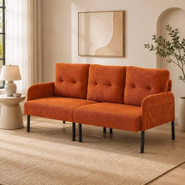 STILVORA 3-Seater Modern Corduroy Sofa in Orange with Side Pockets – 1