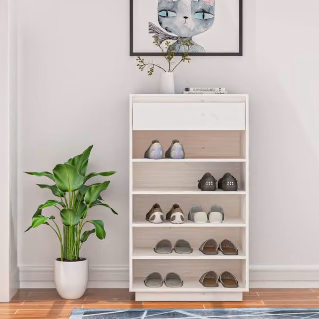 Berkfield Home White Solid Wood Pine Shoe Cabinet W: 60 cm, D: 34 cm, H: 105 cm – 1