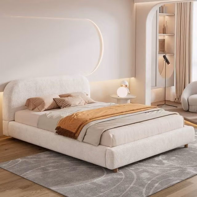 Merax White Boucle Double Ottoman Bed with Arched Headboard W/D/H: 140 x 200 x 135 cm – 1