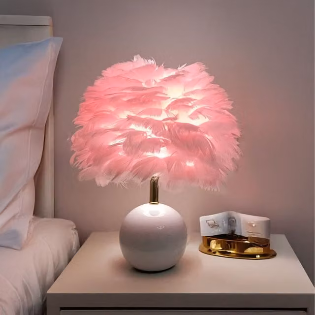 Komore Pink Feather Lampshade Table Lamp with Round Ceramic Base