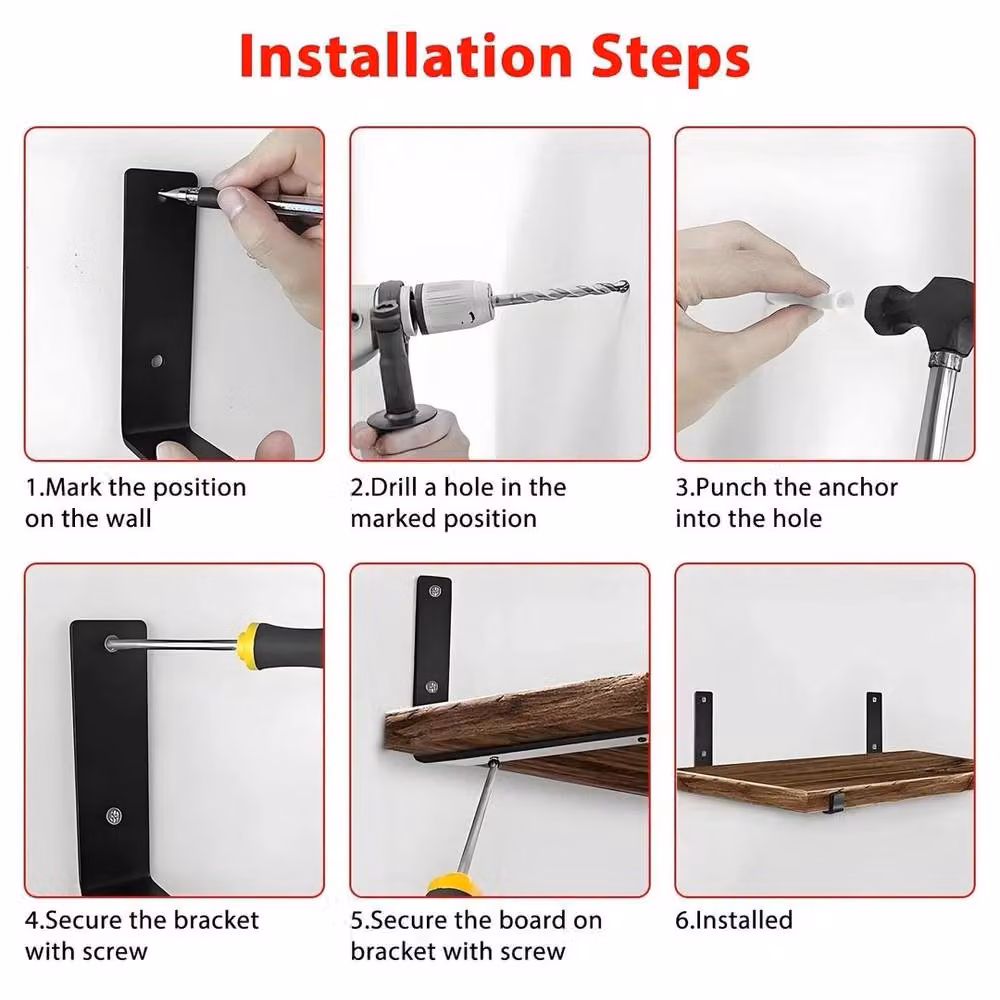 NESTLUNE Set of 8 Heavy Duty Industrial Rustic Steel Shelf Brackets in Matt Black, W: 100 cm, D: 15 cm – 5