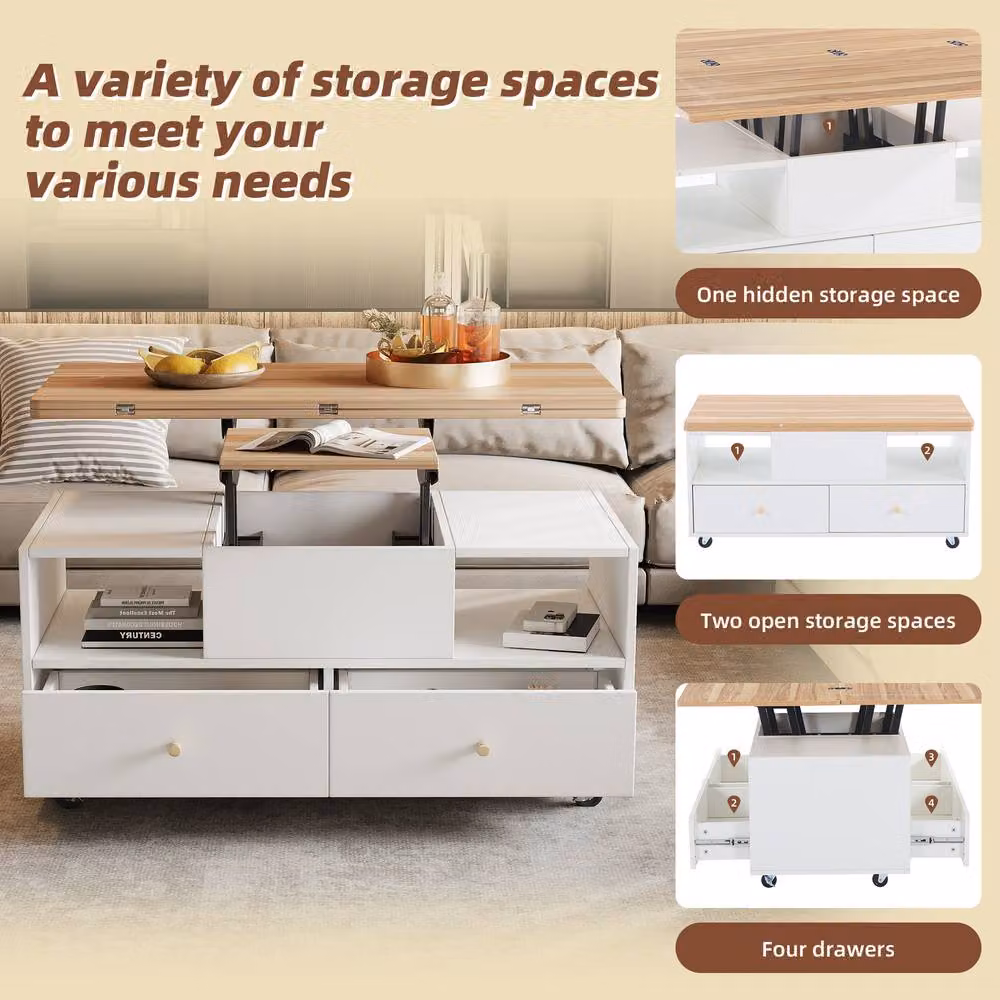 STILVORA Modern Lift-Top Coffee Table with Castors in White – 4