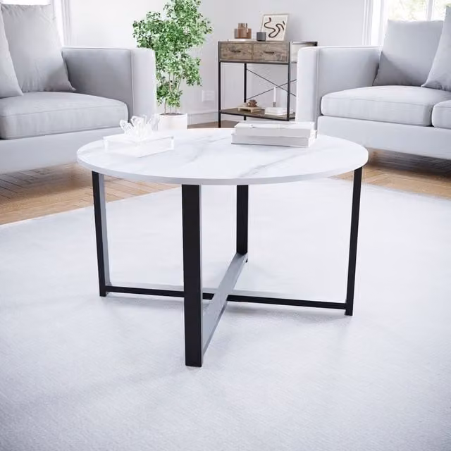 Vida Designs Brooklyn Round Coffee Table in White Marble and Metal