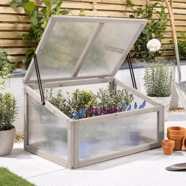 Christow Grey Wooden Cold Frame Greenhouse with Polycarbonate Panels and Hinged Lid