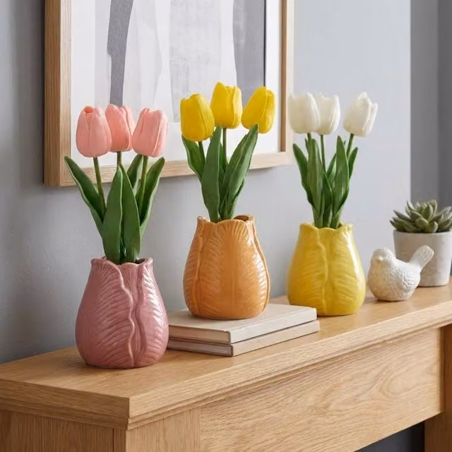 Garden Greatness Trio Multicolour Artificial Tulip Set in Ceramic Vase
