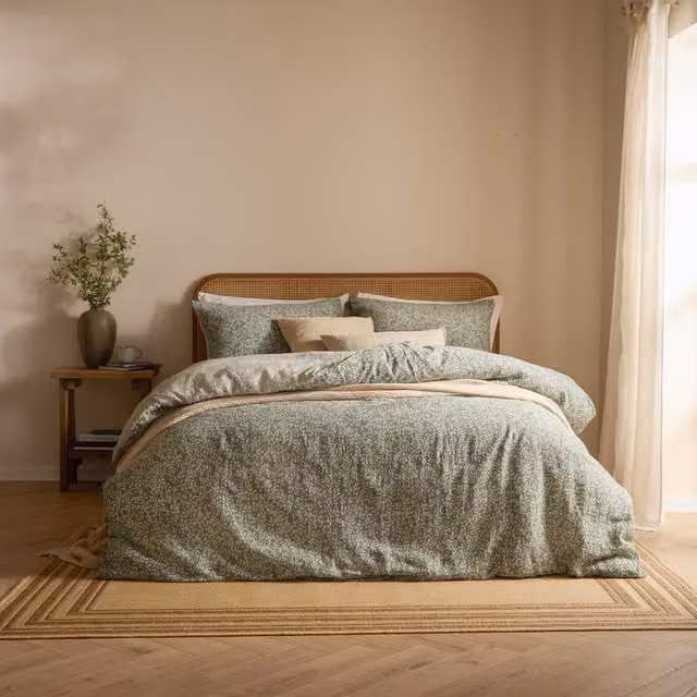Yard Perrie Leaf Muslin 100% Cotton Duvet Cover Set, Green, W: 180 cm x L: 200 cm